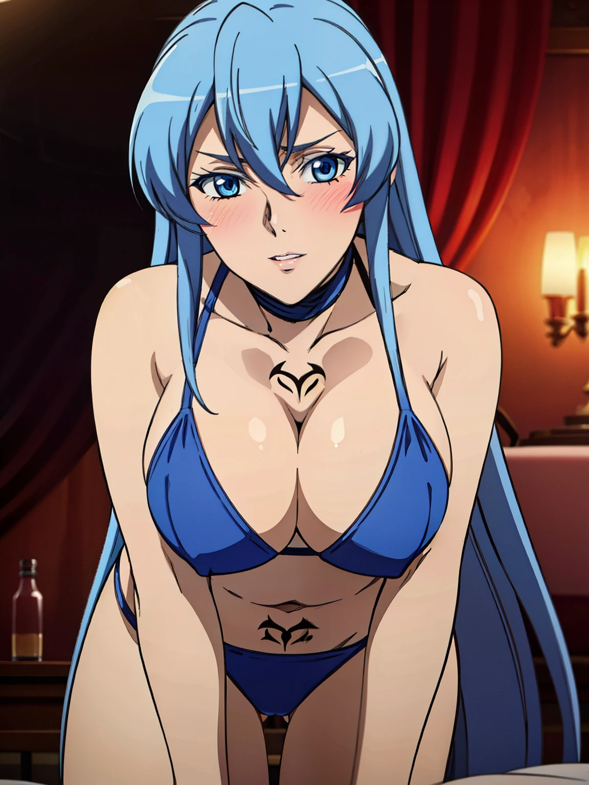 all fours, want to give a kiss, choker, blue bikini, chest tattoo, inside the tent, inside luxury tent background, esdeath, anime cels style, best quality, high resolution, 1girl, (huge breasts:1.2), mature women, blue hair, long hair, blue eye, blue eyebrow, beautiful face, (cowboy shot), looking at viewer, blushing, puckered up lips