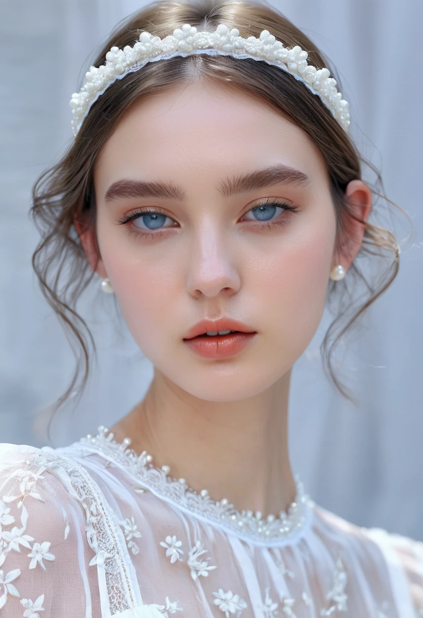 (((Masterpiece))),(top quality)),(((super detail)))、paris collection、fashion week、street snap、full body photo、Model wearing a white pearl headband、plump lips、blue gray eyes、small nose、fashionable、She wore a loose, light white lace summer dress,delicate、transparent、Her skin is as white as porcelain、she is gently lit. background is blurry、fabric art、art station、impressive、White Tone、realistic、super realistic、