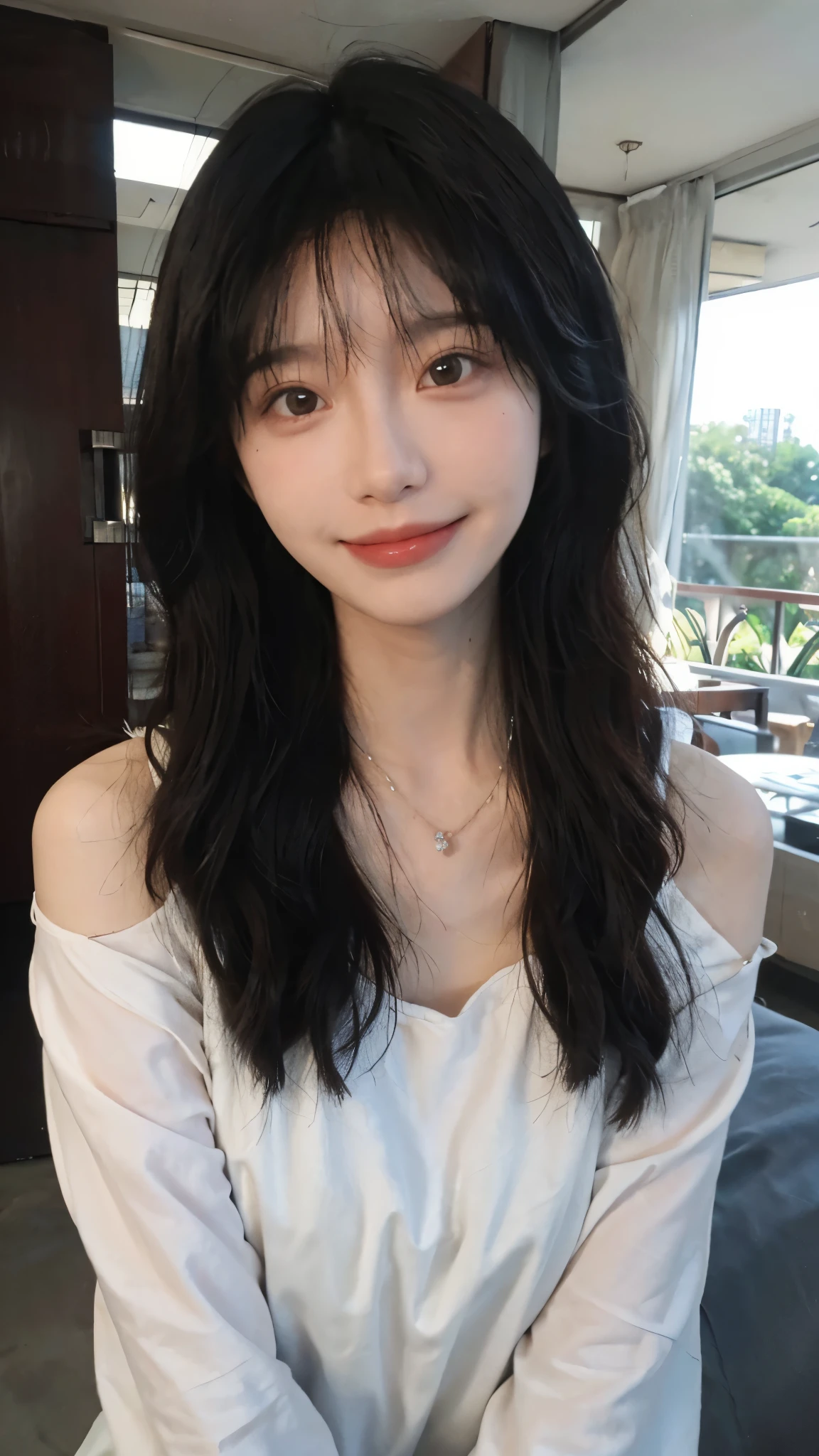 best quality， ultra high resolution， （realistically：1.4），cute hairpin，Baoyu Girl，European style apartment，A pair of clear and charming peach blossom eyes,Royal sister，The sun shines on the face，big breasts，Big wavy hairstyle，（necklace：1.2），（White skin：1.4），a sense of atmosphere，a beautiful girl， Smile，looking directly at the viewer， (lifelike:1.4),1 girl,Sexy,(Upper body:1.4),(wet),(:1.2)