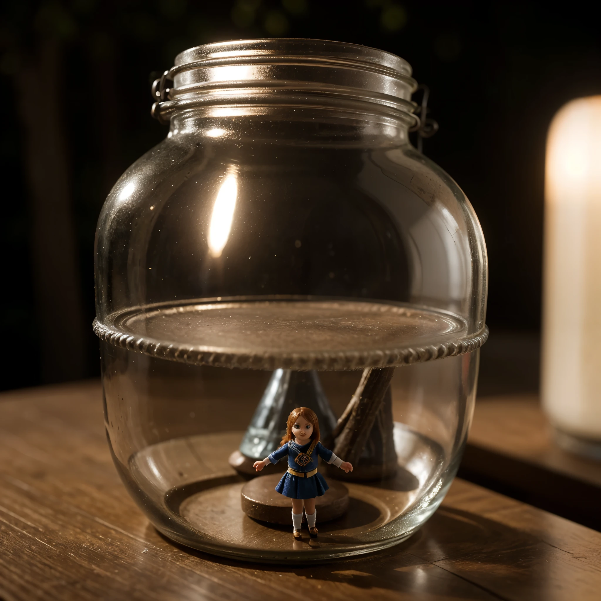 (a micro miniwoman trapped in a jar), atmospheric oliva lighting, on the table, 4k UHD, dark vibes, hyper detailed, vibrant colours forest background, epic composition, octane render, sharp focus, high resolution isometric, (film grain:1.3), The light is sparkling, high quality photography, 3 point lighting, flash with softbox, 4k, HDR, smooth, sharp focus, high resolution, award winning photo, 80mm, f2.8, bokeh, (a tiny micro woman trapped in a jar)