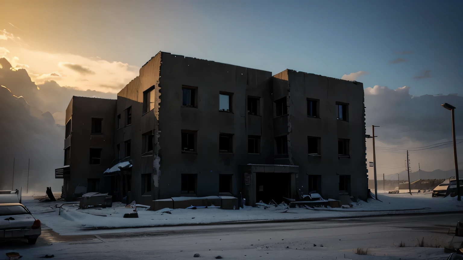 A ruined world: a fortified base in a post-apocalyptic landscape