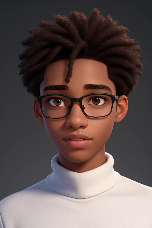 (best quality,4k,8k,highres,masterpiece:1.2),ultra-detailed,realistic,portrait,teenager,young black man,19year old-old,brown disheveled hair,cute face,boxy face,brown eyes,beautiful detailed eyes,beautiful detailed lips,white turtleneck,soft lighting,vivid colors,studio white background with thin framed glasses