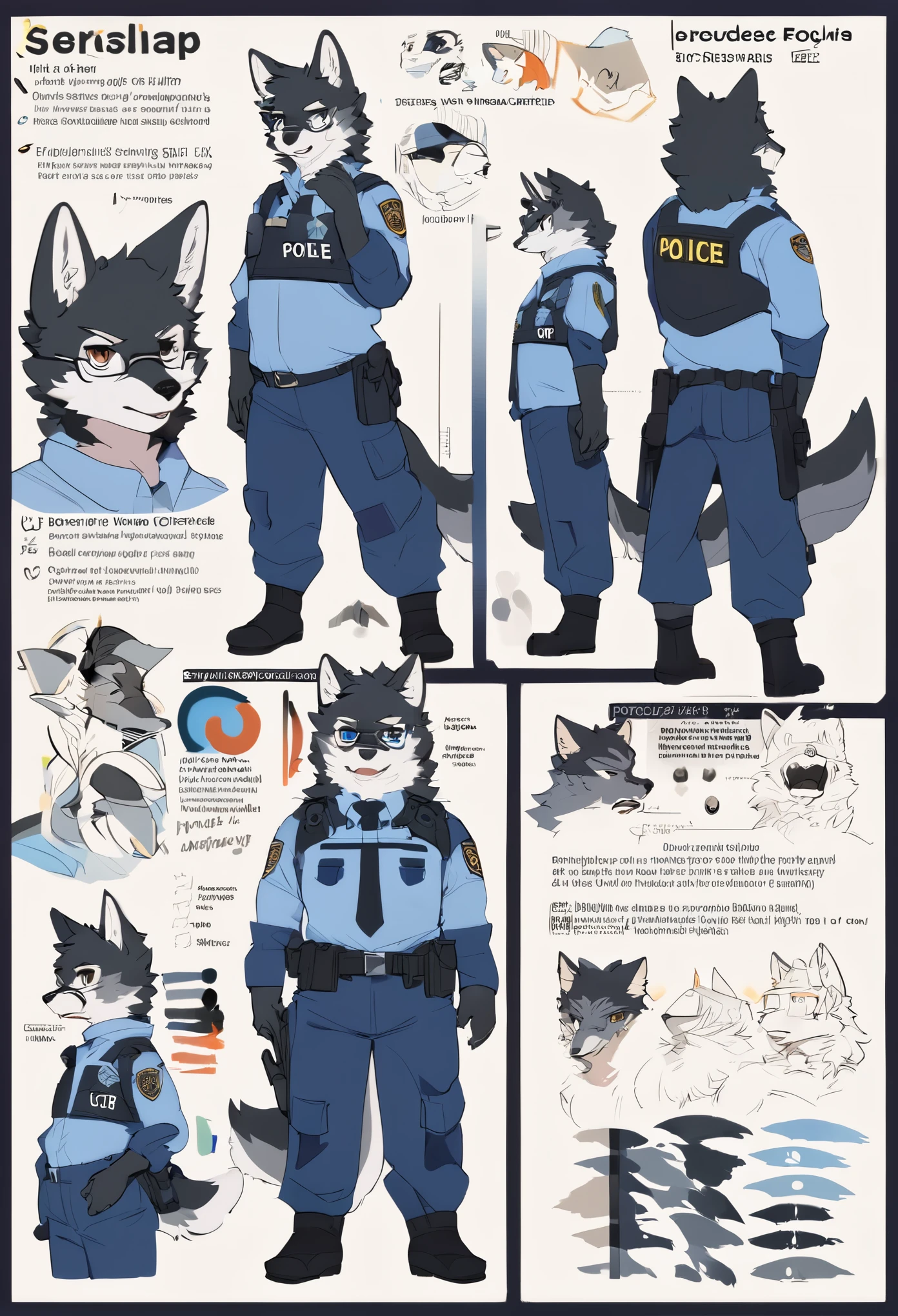 highres, top quality, best quality, paid reward available, High-quality illustrations, unparalleled masterpiece, perfect artwork, absurdres, perfect anatomy, standing kemono boy, three view drawing, front and side and back, character sheet, character design police man!!, anime character, glasses, facial expressions, Detailed description of character, text, Transform wolf, Collection of setting materials,