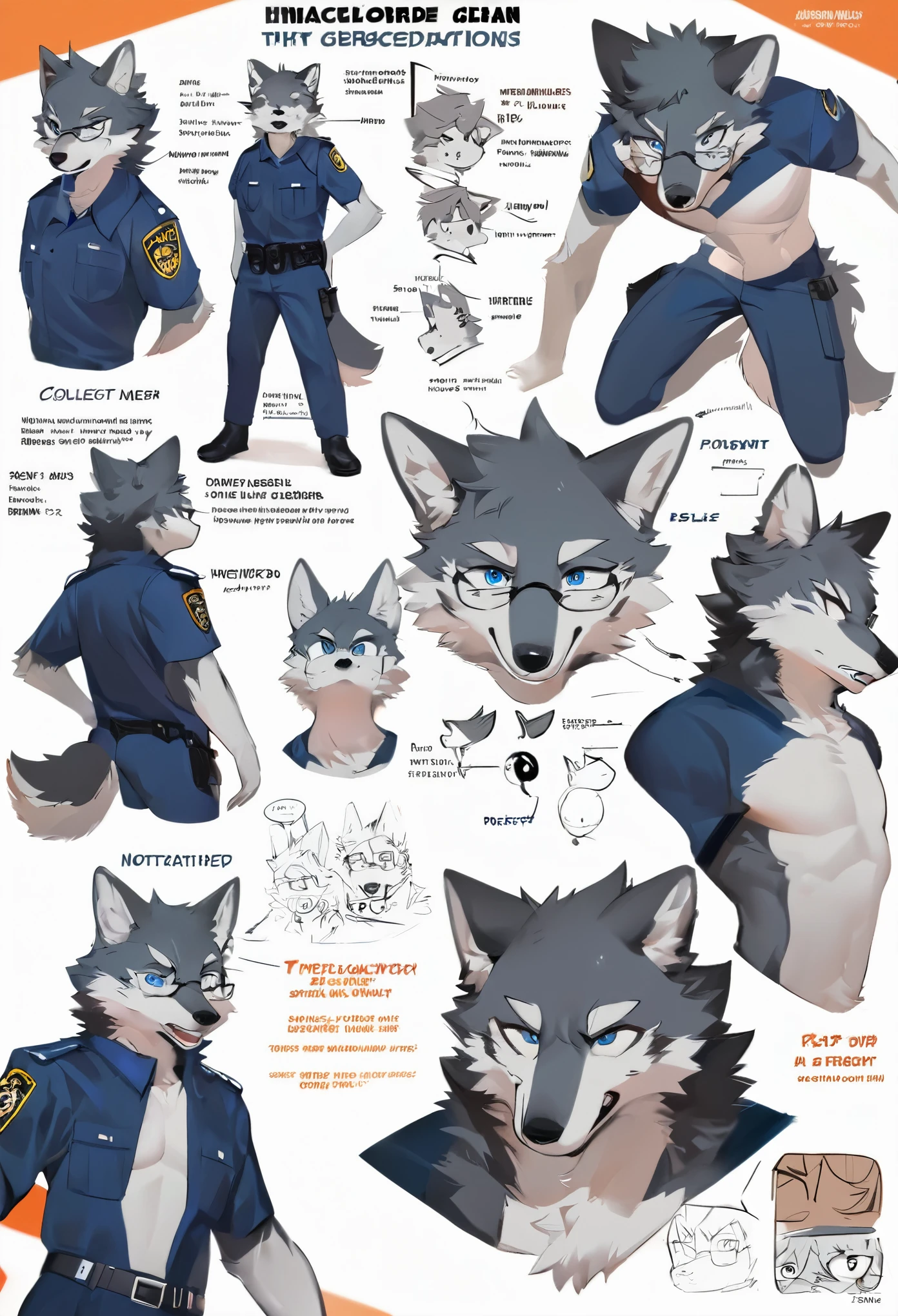 highres, top quality, best quality, paid reward available, High-quality illustrations, unparalleled masterpiece, perfect artwork, absurdres, perfect anatomy, standing kemono boy, three view drawing, front and side and back, character sheet, character design police man!!, anime character, glasses, facial expressions, Detailed description of character, text, Transform wolf, Collection of setting materials,