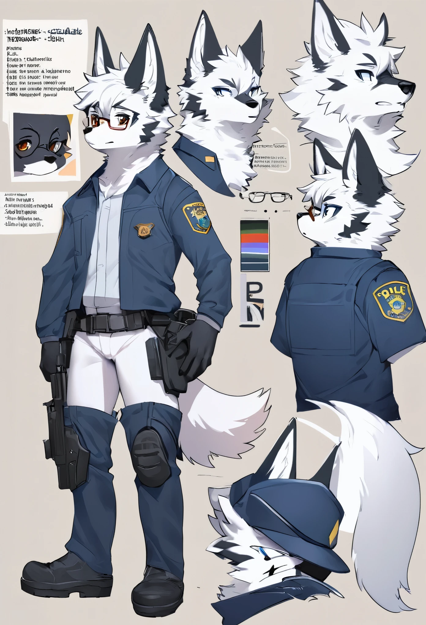 highres, top quality, best quality, paid reward available, High-quality illustrations, unparalleled masterpiece, perfect artwork, absurdres, perfect anatomy, standing kemono boy, three view drawing, front and side and back, character sheet, character design police man!!, anime character, glasses, facial expressions, Detailed description of character, text, Transform wolf, Collection of setting materials,
