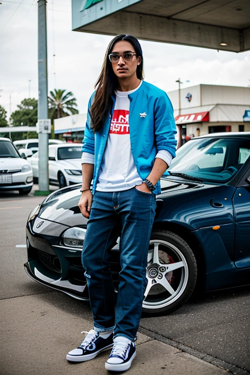 man with long straight hair: The photograph captures a handsome 24-year-old Indonesian man, with his long, sleek hair cascading down his back. Wearing a RAMEY-labeled raglan shirt and blue jeans: He is stylishly dressed in a trendy RAMEY-labeled raglan shirt that perfectly complements his blue jeans. Vans shoes: Completing his casual yet fashionable ensemble, he proudly sports a pair of stylish Vans shoes. Standing next to a completely modified Toyota Supra MK4 drift car: Positioned confidently beside him is a fully customized Toyota Supra MK4 drift car, showcasing sleek lines and bold modifications. In the Seven Eleven parking lot: This captivating scene unfolds in the bustling ambiance of a Seven Eleven parking lot
