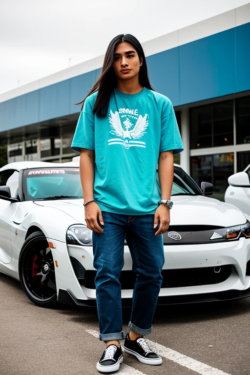 man with long straight hair: The photograph captures a handsome 24-year-old Indonesian man, with his long, sleek hair cascading down his back. Wearing a RAMEY-labeled raglan shirt and blue jeans: He is stylishly dressed in a trendy RAMEY-labeled raglan shirt that perfectly complements his blue jeans. Vans shoes: Completing his casual yet fashionable ensemble, he proudly sports a pair of stylish Vans shoes. Standing next to a completely modified Toyota Supra MK4 drift car: Positioned confidently beside him is a fully customized Toyota Supra MK4 drift car, showcasing sleek lines and bold modifications. In the Seven Eleven parking lot: This captivating scene unfolds in the bustling ambiance of a Seven Eleven parking lot
