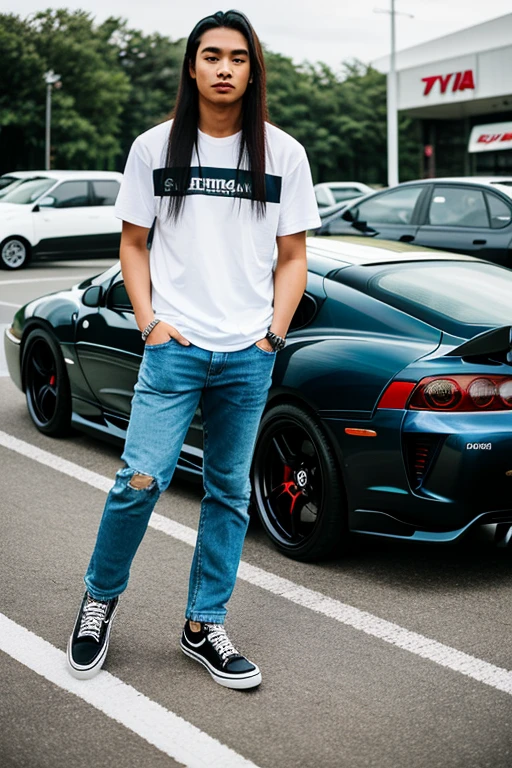 man with long straight hair: The photograph captures a handsome 24-year-old Indonesian man, with his long, sleek hair cascading down his back. Wearing a RAMEY-labeled raglan shirt and blue jeans: He is stylishly dressed in a trendy RAMEY-labeled raglan shirt that perfectly complements his blue jeans. Vans shoes: Completing his casual yet fashionable ensemble, he proudly sports a pair of stylish Vans shoes. Standing next to a completely modified Toyota Supra MK4 drift car: Positioned confidently beside him is a fully customized Toyota Supra MK4 drift car, showcasing sleek lines and bold modifications. In the Seven Eleven parking lot: This captivating scene unfolds in the bustling ambiance of a Seven Eleven parking lot
