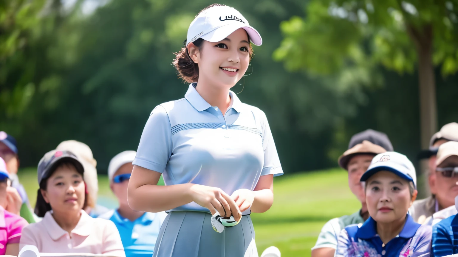 female golfer、walk、cute、beautiful eyes、beautiful lips、thick eyelashes、full body portrait、mini skirt、Plump、audience、sunny、Asian、Tight clothes、smile、(highest quality、4K、High resolution、Super fine)、( realistic wrinkles、photorealistic: 1.37)、HDR、professional lighting、Bright colors、