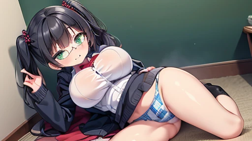 masterpiece,highest quality,wonderful,finely,High resolution,1 girl, big breasts,(plaid panties:1.3), black hair, glasses, green eyes,twin tails,full body