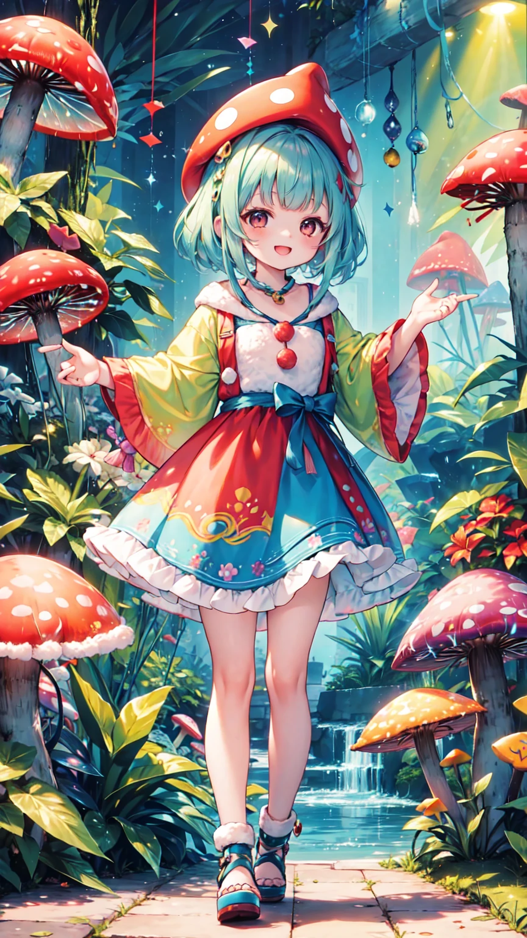 tropical fish costume,mushroom hat,cosplaying,funny,adorable,festive,bright colors,soft fabric,high quality,extraordinary details,cute,eye-catching,imaginative design,whimsical,playful,creative,artistic,seamless stitching,plush,comfortable fit,attention to detail,lively,joyful atmosphere,vibrant,happy,party,celebratory,unique,one-of-a-kind,fantasy world,smiling,children's party,bright lighting,magical,hearty laughter,memorable moments,joyful memories.