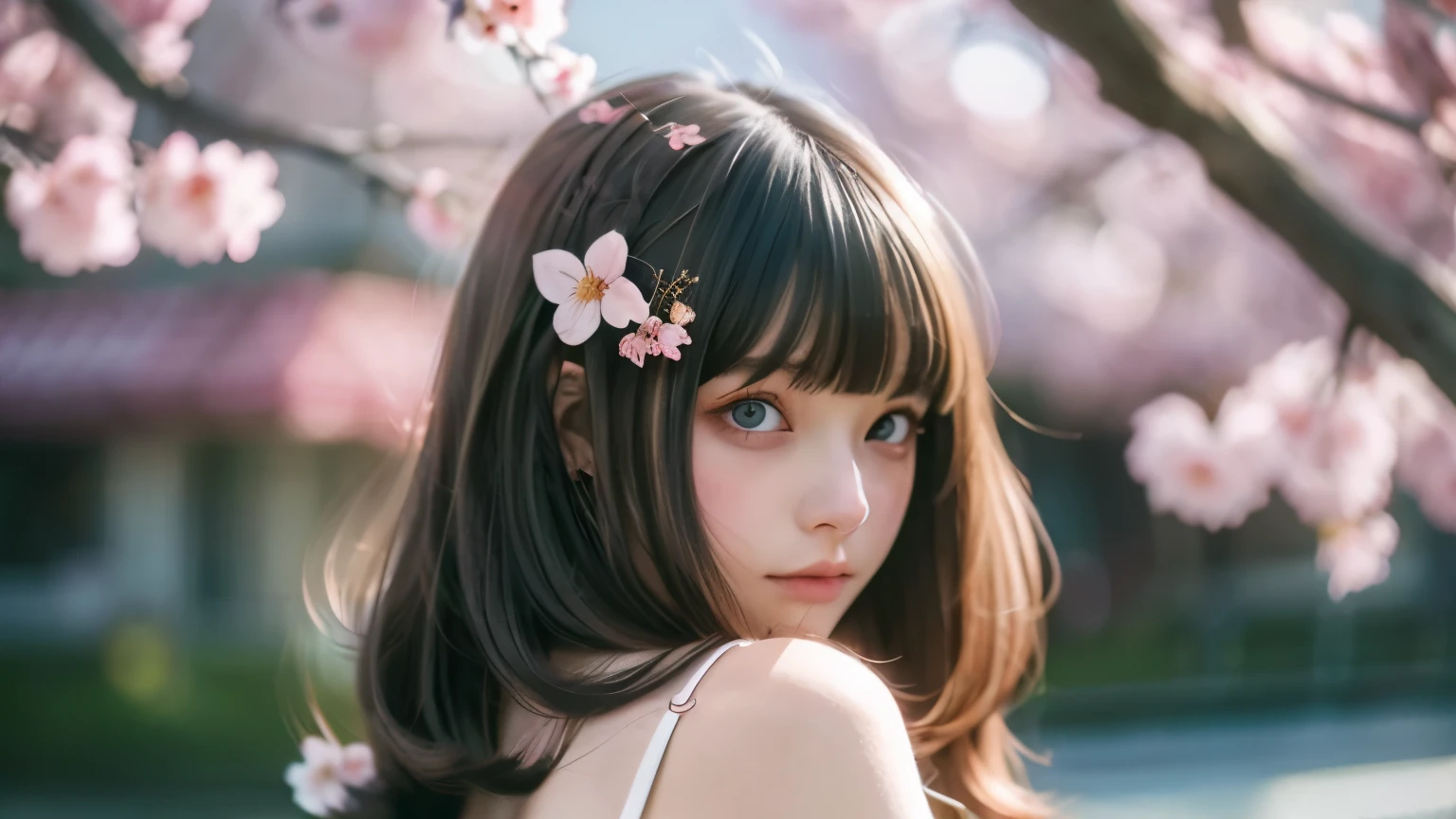 17-year-old anime girl,Caucasians,Cherry blossom-colored wavy waist-length hair,With bangs,gold eyes