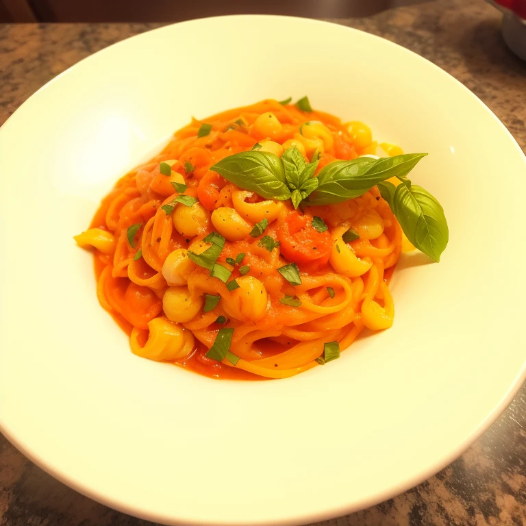 arafed Pasta with tomato sauce and garnished with basil, served with Pasta, Pasta, par Ella Guru, very very happy!, delicious, inspired by Matteo Pérez, inspired by Gianfredo Camesi, Terre de sienne, inspired by Michelangelo Buonarotti, par Juan O'Gorman, inspired by Antonín Chittussi, inspired by Géza Dósa