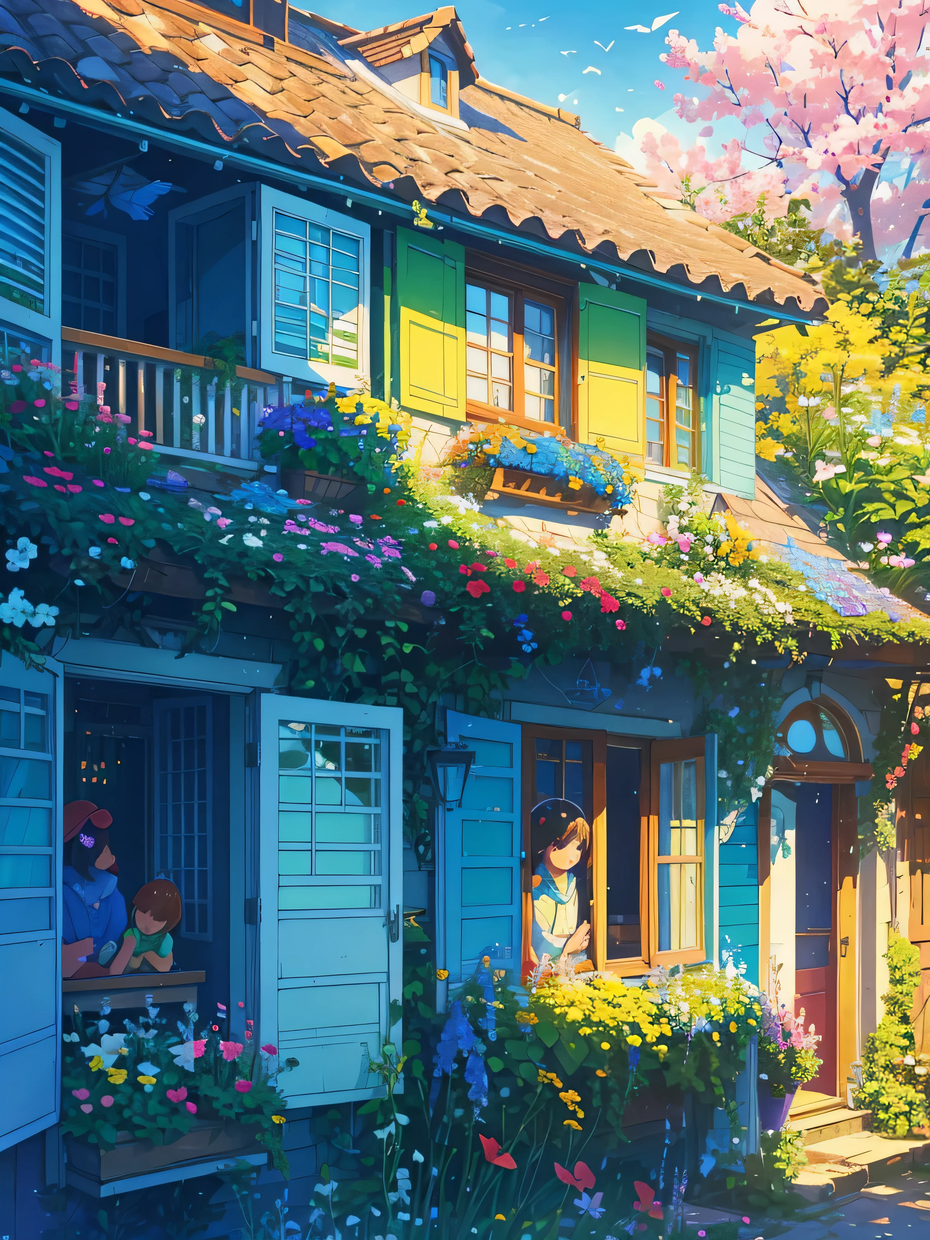 Clear morning, a beautiful house, with a beautiful garden in front of it, colourful flowers, butterfly, lovely weather, a girl looking out of the window from second floor to the sky, a bird sitting on her window