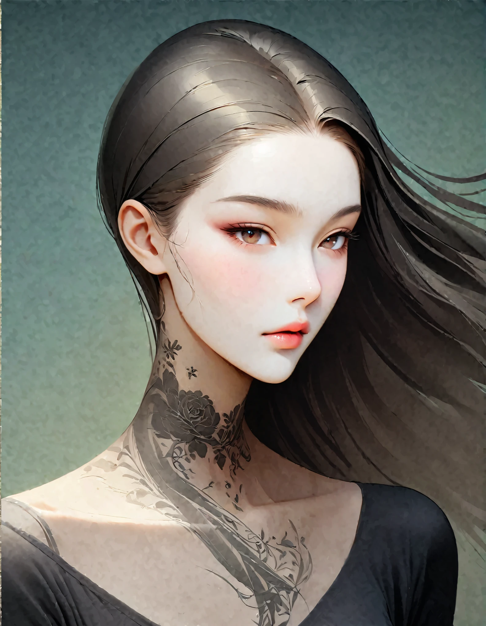 Close up of woman with tattoo on neck, long black hair，Black minimalist clothing，flowing hair，fair face，White and smooth skin，Foxy, slender, beautiful eyes，by Mei Qing, elegant digital art, A beautiful artistic illustration, author：Yang Jie, Beautiful digital illustrations, beautiful figure painting,Ultra HD clear，super high quality，Gouache painting combined with photography