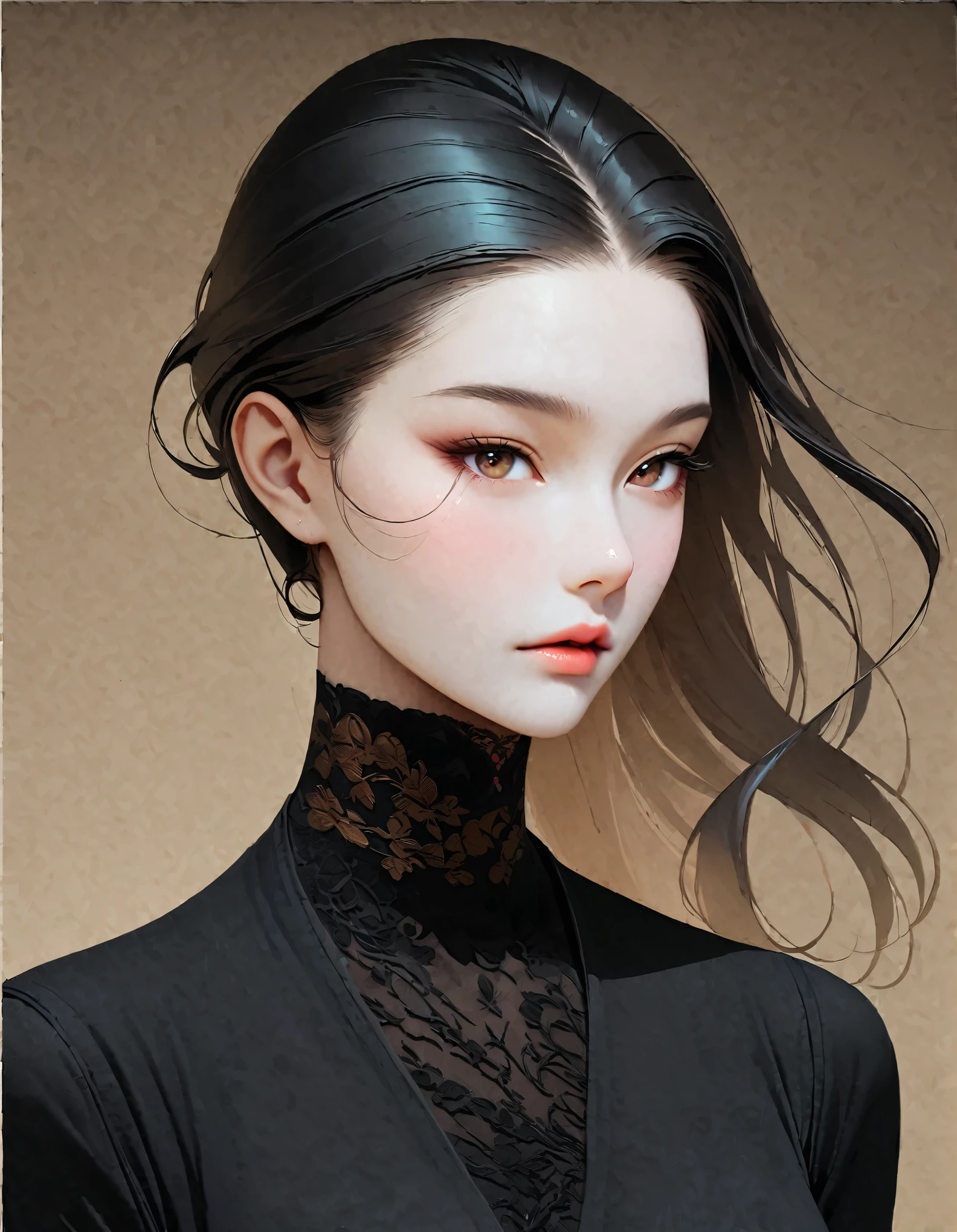 Close up of woman with tattoo on neck, long black hair，Black minimalist clothing，flowing hair，fair face，White and smooth skin，Foxy, slender, beautiful eyes，by Mei Qing, elegant digital art, A beautiful artistic illustration, author：Yang Jie, Beautiful digital illustrations, beautiful figure painting,Ultra HD clear，super high quality，Gouache painting combined with photography