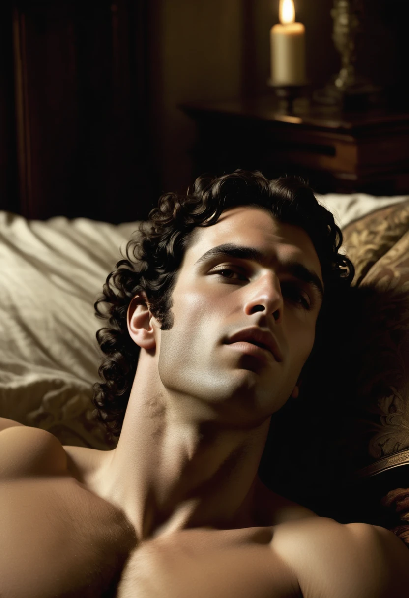 (highly detailed, soft light, photorealistic, dynamic light; cinematic); victorian era; 1820s; 24 years old man; Greek; 1820s Anglican priest; incredibly attractive; dark and brooding; masculine yet beautiful; helplessly longing stare; desirous teasing inviting expression; intimate sexually-charged atmosphere; Adonis; moody; intense; hooked Greek nose; sensual; amorous passionate air; very attractive; lean figure; olive skin; stubble; hazel-green eyes; thick strong dark-brown eyebrows; long full sideburns; fully naked with a lean body and dark chest-hair; short tousled dark-brown wavy hair; full luscious moist lips, parted; mouth open; lying on 1820s bed in an inviting pose; looking at camera