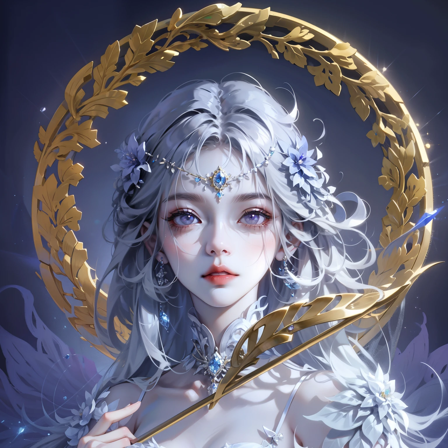 Hair covered with beautiful and delicate floral arrangements, Crystal jewelry filigree,jewelry,Super detailed details,beautiful noble girl,Gray hair elegantly tied up,(((silver))),gold。blue and purple clear eyes,crystal,illusion
