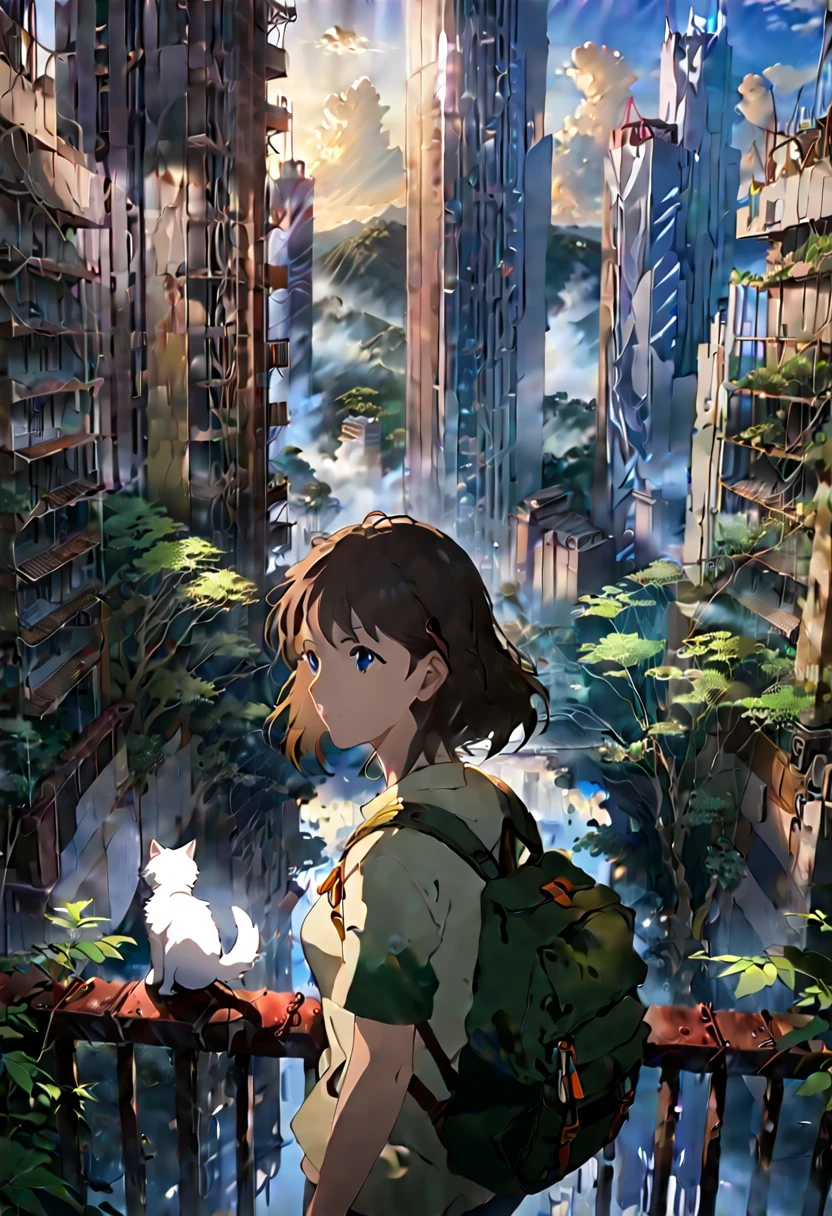 (8K、Raw photo、highest quality、look up:1.2、masterpiece:1.2、genuineistic、ultra high resolution、high contrast、photon mapping、genuine、Super detailed、official art, Raw photo、professional lighting、 light、Vivid atmosphere、twicelight) This anime scene、While having the atmosphere of a work directed by Makoto Shinkai,、Expresses a post-apocalyptic worldview。A girl with a backpack looking at the city skyline from the forest、It is reminiscent of emotional scenes like Makoto Shinkai's works.。 High-rise buildings in the city are covered with trees from the walls and windows々pops out、The building is covered like a lush jungle.、It depicts a futuristic landscape where nature and the city are fused.。A city bathed in bright sunlight、It suggests a bright and hopeful future.。 A girl trying to enter a building in the city、It symbolizes young people trying to break out into society.。and、The pure white cat that is nestled next to me、As a familiar presence、Watching the girl's journey。 This scene is、Following the style of director Makoto Shinkai、I am drawing a post-apocalyptic animation with a unique world view.。