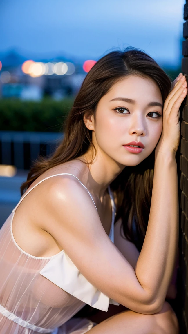 dark brown hair、light brown eyes、Japanese actress face、 lady、I&#39;Iは彼とIが好きです&#39;I&#39;Iは40歳くらいです.、(intricate details:1.2)、(which one is the top?:1.4)、 (ultra high resolution:1.2)、ultra high resolution、(finely tuned)、(detailed facial features)、nffsw、8K resolution、D cup size breasts、long hair、rooftop bar、night view、luxurious space、relax、、,full body photo、head to toe shot、beautiful feet、camisole dress、beautiful feet、she,   center of fashion, extreme details, very detailed, realistic, hourglass body, obscene pose,、、I cry a lot、tears、diagonally from below、raise your chin、put your butt against the wall、relaxした表情、Pose of Weakness、(auraroid photo:1.2)、from outside the window、Transparent painting masterpiece、8K、32k、highest quality、(Details of both eyes)、1 girl、elegant、(loose dress :1.4)、night view。(Low - Angle、Tilting his head, he peers in.:1.2)、Hilarious、look at the camera、