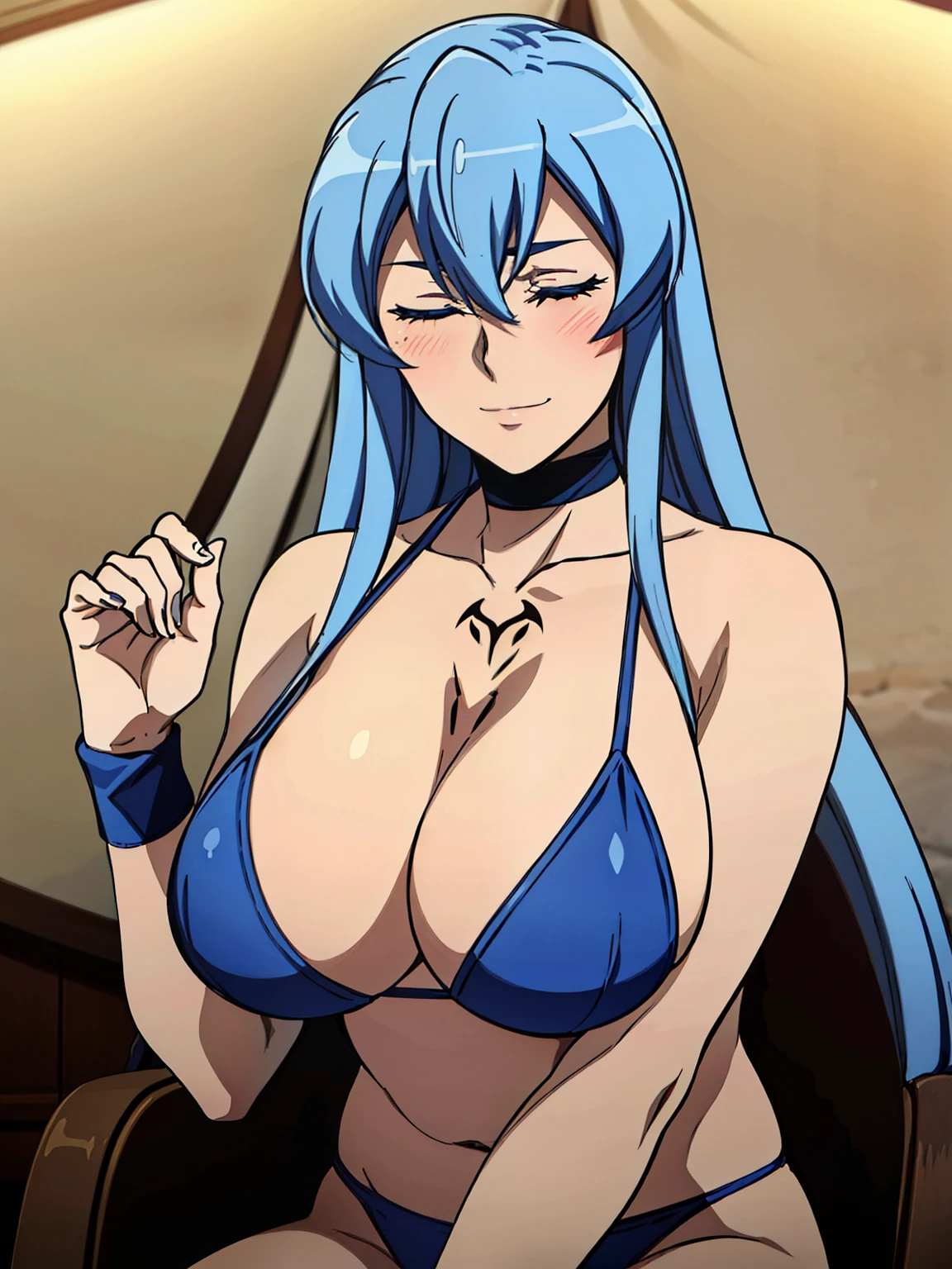 sitting at camp chair, choker, blue bikini, chest tattoo, inside the tent, inside luxury tent background, esdeath, anime cels style, best quality, high resolution, 1girl, (huge breasts:1.2), mature women, blue hair, long hair, (eye closed), blue eyebrow, beautiful face, (cowboy shot), looking at viewer, blushing, smiling