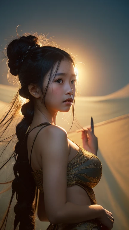 The uncloth indonesian young girl,long black hair, face look at indonesian oriental face is portrayed on a beautifully draped uncloth against a aftermorning lighting background of balinese park city. It was apparently not the artist's intention to illustrate a theme along the lines of landscape world and barong and carving detailed, for instance, but simply to paint a picture with no specific subject in mind with blue sky and lighting , a highly detailed epic cinematic concept art, art station, beautiful beach, concept art, illustration, highly detailed artwork cinematic, hyper realistic.