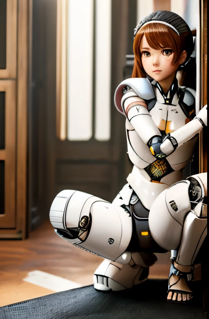 A Female robot is sleeping in bedroom, spread legs, nude, banzai pose. she wears no dress. She Brown short hair is tied with two big red clothespins, She lifts up the under hem of her white plain dress, leaning over, masterpiece, very short pigtails,brown hair, mature, android, blue eyes, full body figure, Height: 160cm, flushed cheeks, 2020s anime picture, A beautiful robot with short brown hair in two short pigtails held up by two very large huge red clothespins, Uplifting, No NSFW, whole body, barefoot, archaic smile, getting orgasm, 25 years old, sweat bucket. 