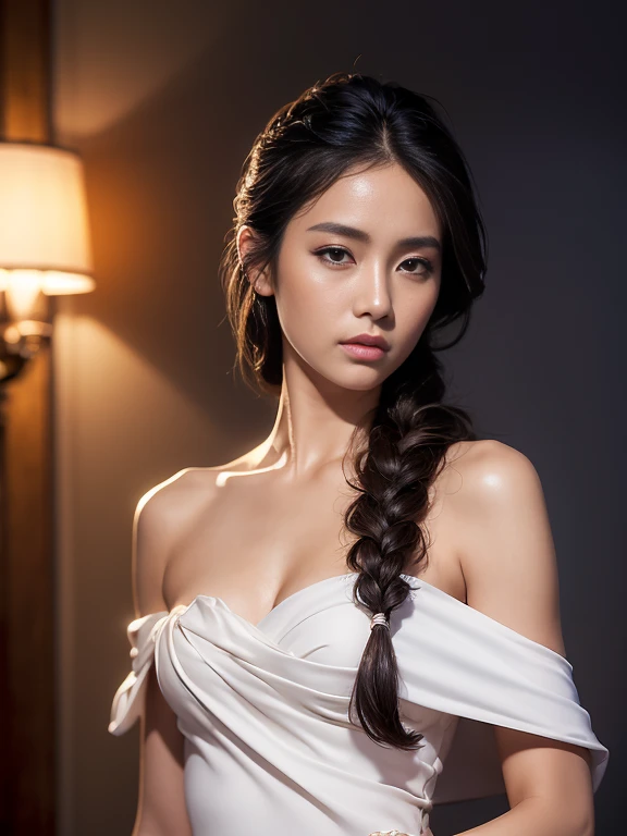 best quality, masterpiece, (photorealistic:1.4), 1girl, cowboy shot, luxury elegant bare shoulder  dress, dramatic lighting, hair over shoulders, white gloves, , luxury hall background, night, asian face, braid hair, small breasts