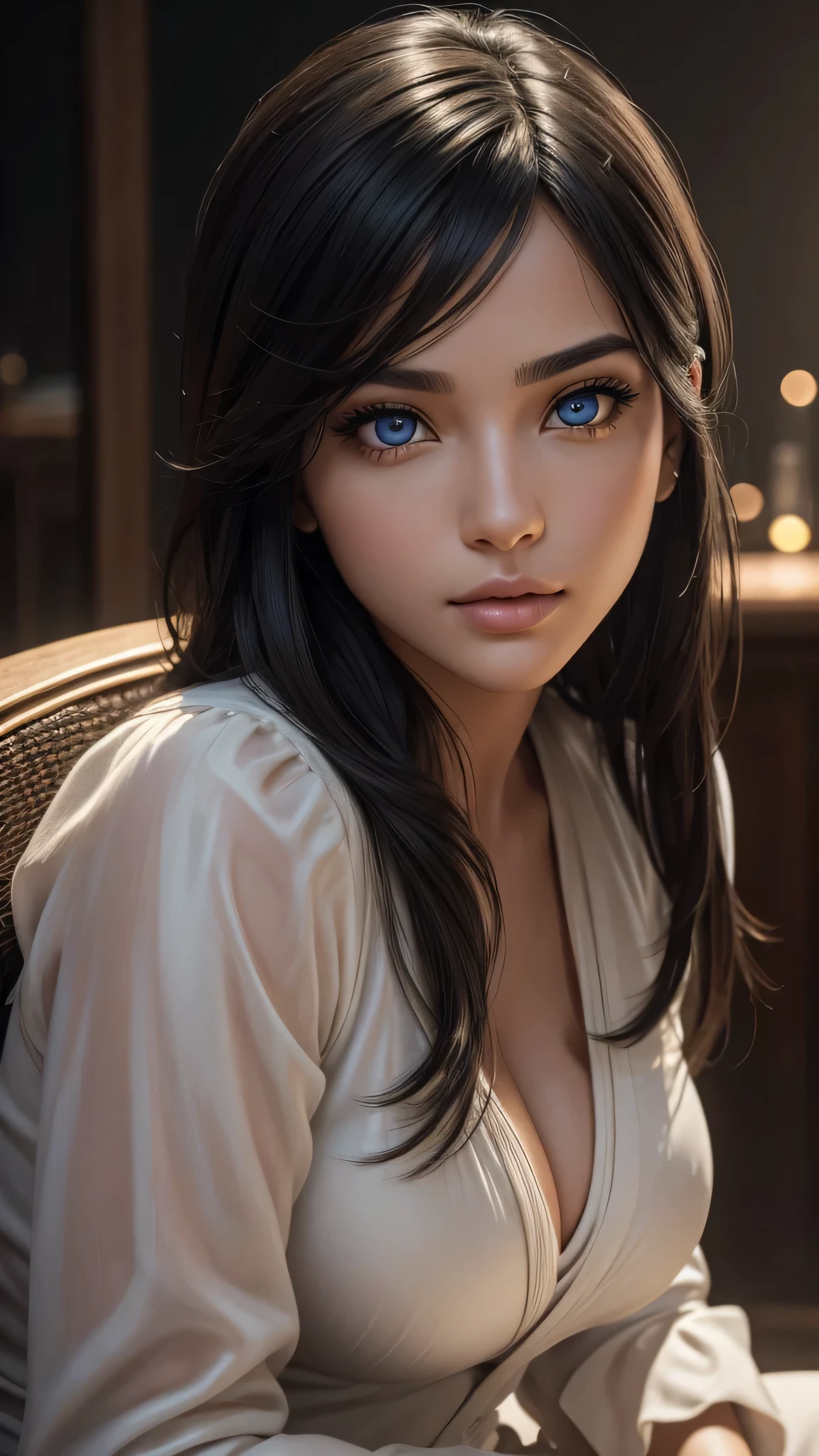 Extra Close-up to the face,a beautiful Black hair woman, solo, beautiful face, high detailed realistic eyes, double eyelids, high detailed realistic pupils,sitting alone on a long chair,best quality, masterpiece, high resolution, Beautiful face, tyndall effect, photorealistic, dark studio, two tone lighting, 8K uhd, dslr, soft lighting, high quality, volumetric lighting, candid, Photograph, high resolution, 4k, 8k, Bokeh, (hyperrealistic woman), (illustration), (high resolution), (extremely detailed), (best illustration), (beautiful detailed eyes), (best quality), (ultra-detailed), (masterpiece), (wallpaper), (photorealistic), (natural light), (rim lighting), (detailed face), (high detailed realistic skin face texture), (anatomically correct),(detailed eyes), (sparkling eyes), (dynamic pose), looking to viewer