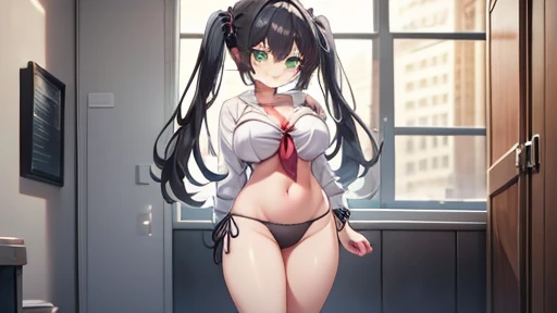 masterpiece,highest quality,wonderful,finely,High resolution,1 girl, big breasts,(side-tie panties:1.3), black hair, glasses, green eyes,twin tails,full body
