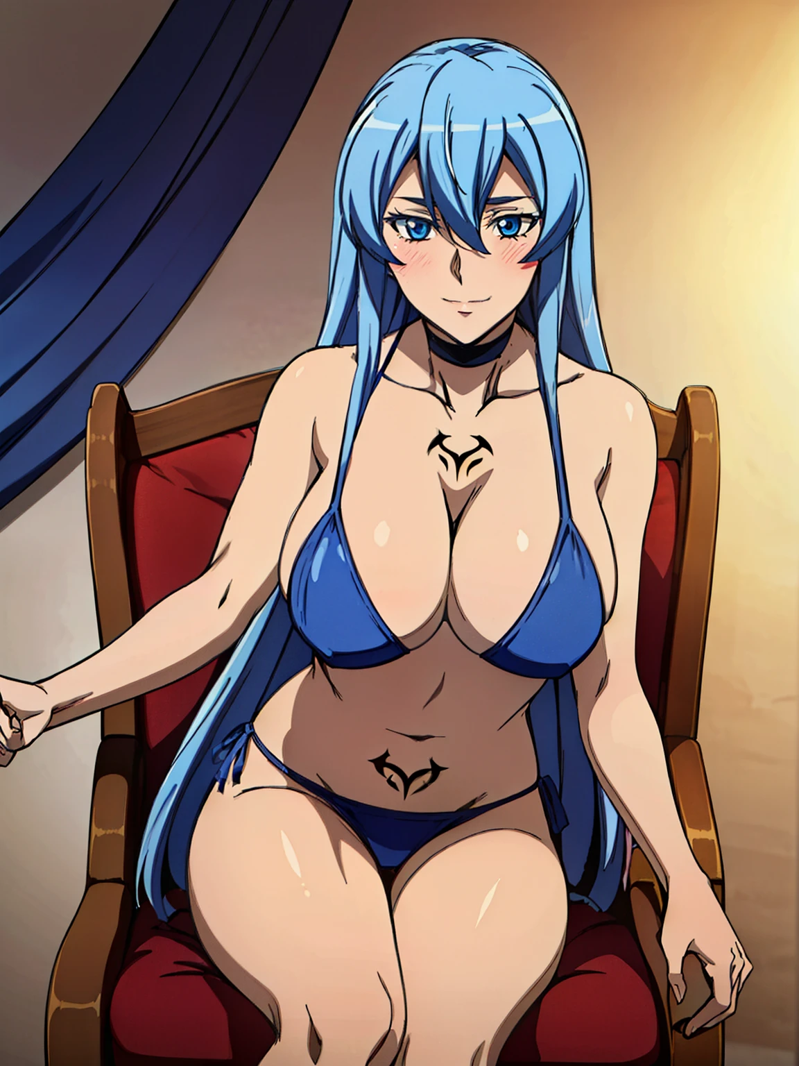 sitting at camp chair, (grabbing her breasts), choker, blue bikini, chest tattoo, inside the tent, inside luxury tent background, esdeath, anime cels style, best quality, high resolution, 1girl, (huge breasts:1.2), mature women, blue hair, long hair, (blue eye), blue eyebrow, beautiful face, (cowboy shot), looking at viewer, blushing, smiling