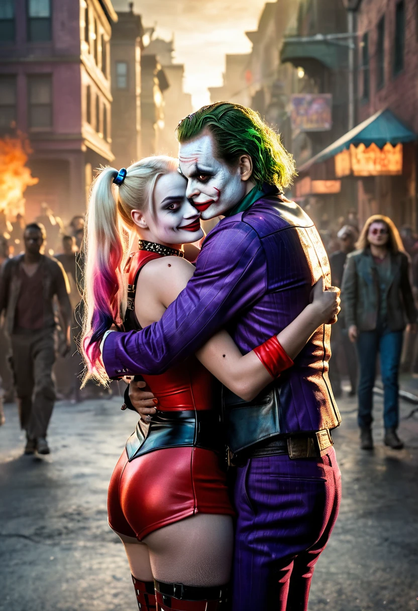 masterpiece, beautiful Margot Robbie as Harley Quinn is hugged by the Joker from the movie Suicide Squad, (in a magical fairytale city) , Best quality, ultra high resolution, RAW photo, Nikon D850, backlight, rim light, bright sunlight, detailing:1.2, (warm tone, warm tone:1.2), (color photo), fantasy battlefield background,