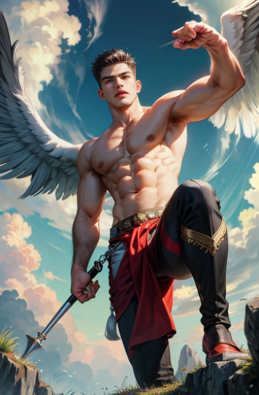 (nonsense, High resolution, very detailed, HDR), Masterpiece, best quality, A drawing of a boy, handsome man with red eyes, detailed face, professional photos, An Arav man enters the fight shirtless., Fight comfortably，legs open, (Swollen nipples(from below:1.1)), Focus on your audience,18 year old boy, handsome man, [ well defined body ]，abdomen，chest muscles，Big bulge，angel，wing，feather，cloud，cloud，