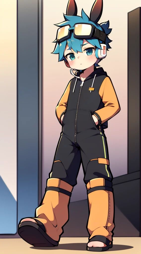 2D boy Shota,jumpsuit,Slim, healthy body,Put the headphones on your head,stand up,goggles,rabbit ears,Pull down the zipper
