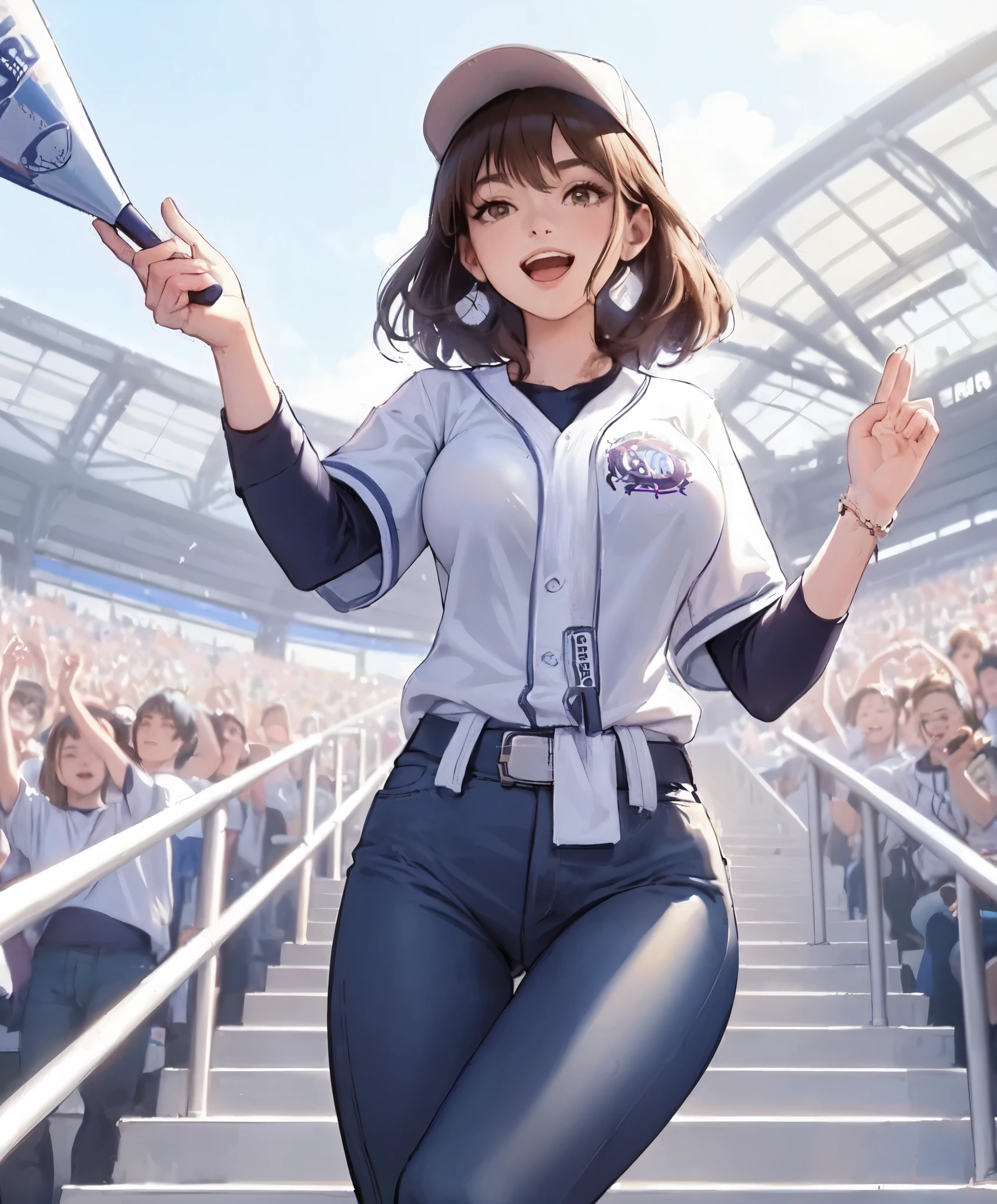 1lady solo, standing on stairs, leading crowd in cheers, (baseball uniform shirt), jeggings, baseball cap, mature female, /(brown hair/) bangs, (happy smile:0.8), (open mouth), (masterpiece best quality:1.2) delicate illustration ultra-detailed, large breasts, hands spread wide BREAK (holding noisemaker) in hand BREAK (baseball stadium) outdoors, lawn, audience, detailed background