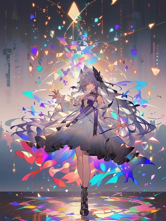 (masterpiece:1.2, highest quality), (Beautiful detailed eyes: 1.2), (Highly detailed CG Unity 8K wallpaper, masterpiece, highest quality, Super detailed, best shadow), (detailed background), (beautiful and detailed face, detailed and beautiful eyes), high contrast, (best illumination, very delicate and beautiful),,((Colorful paint splatters on transparent background, dulux,)), dynamic angle,beautiful delicate shine,full body, cowboy shot, gray hair, purple eyes,