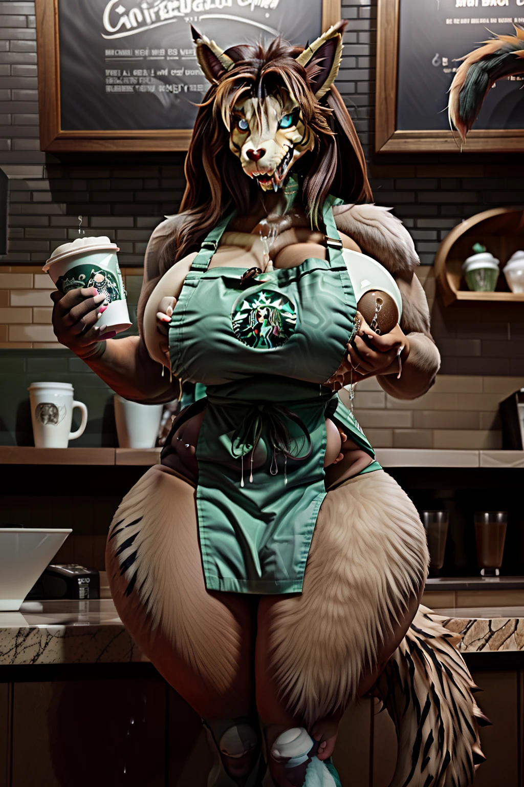 uploaded on e621, explicit content, (cutesexyrobutts,cervina_7, sana!rpg, sligarthetiger), (furry, anthro:1.2), hourglass figure, female, cute, solo,MalO, Starbuck, casher, barista, Starbucks apron, large breasts, natural breasts, tail, tall, happy expresion, lactating in a cup, pouring her breast milk in a cup,NSFW