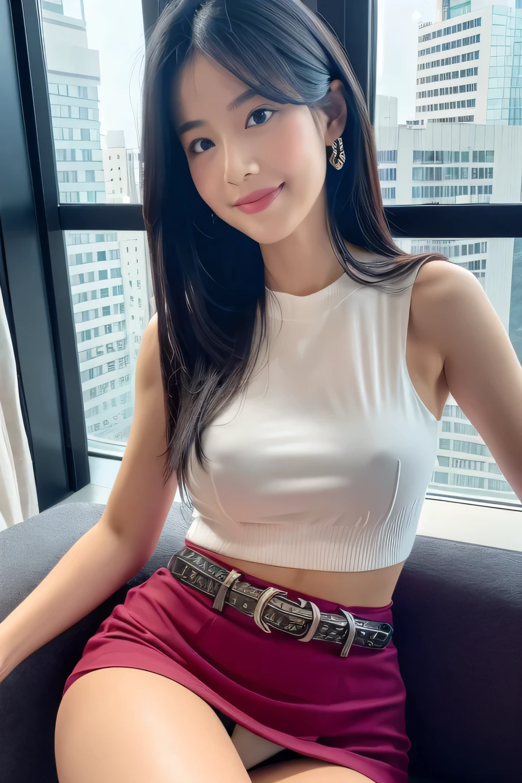 (extremely detailed face), one beautiful sorority, black hair, tall, long legs, happy face, a white sleeveless blouse that opens so wide around the bust, a magenta tight mini skirt, belt, sexy thighs are heavily exposed, sitting, spreading legs, white panties are under the skirt, a room on a high floor of a luxury apartment, skyscrapers outside the window, From the knees up into the frame, Japanese