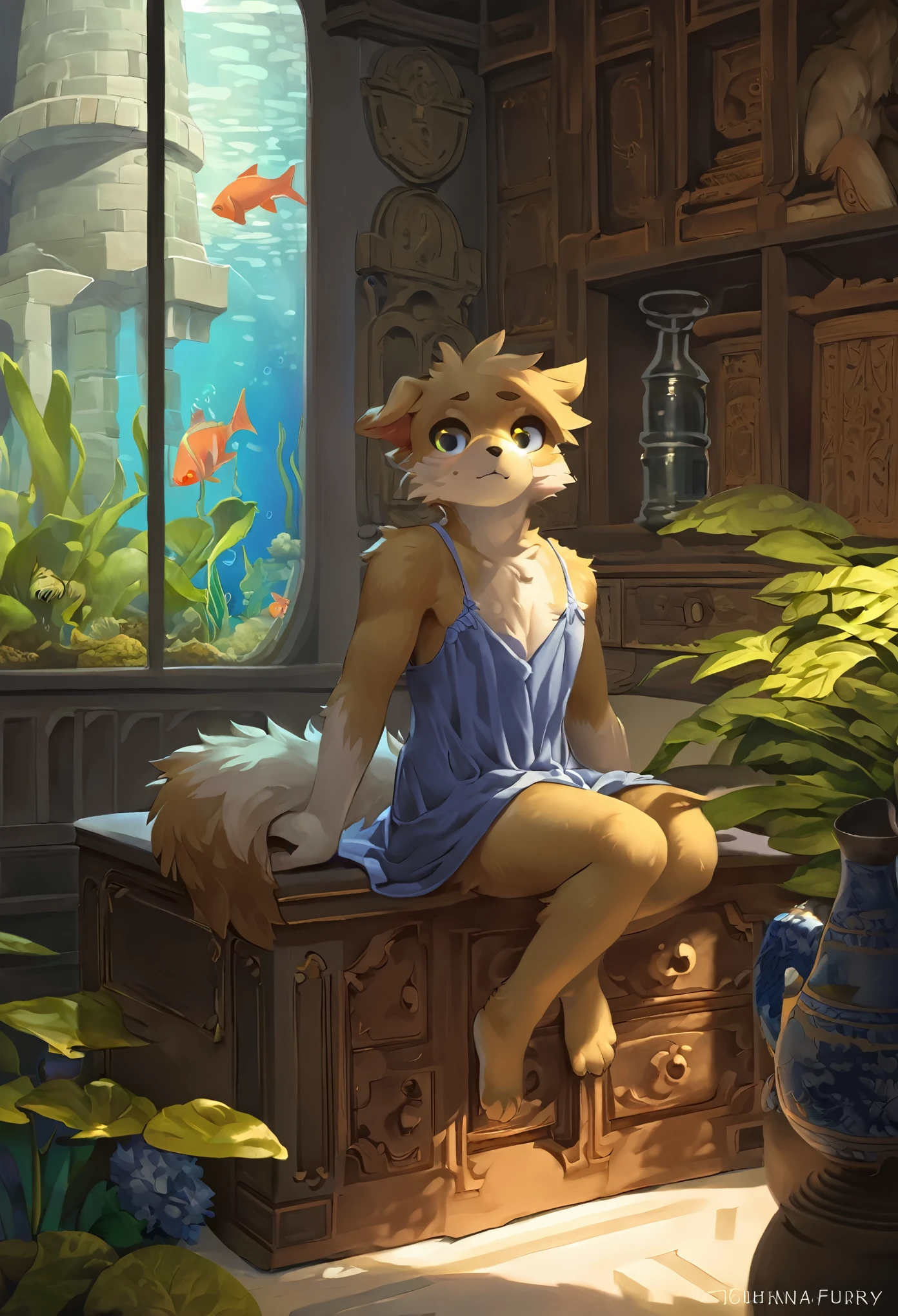 top quality, best quality, High-quality illustrations by Michelangelo, by Johannes Vermeer, masterpiece, super high resolution, detailed background,(textile art, nightwear, surrounded cistern, transparent aquarium, aquatic plants, fluorescent lamp, caustics surface)(reflecting, refraction, polarization:1.2)(highly detailed beautiful face and eyes)absurdres, perfect anatomy(handsome 1boy, kemono, solo focus, Adventurer, Archaeologist)(furry)(furry anthro:1.7)(Furry body, dog facial features, dog body features)(very detailed body fur)full body, expressionless, closed mouth, antique furniture, shaded face,