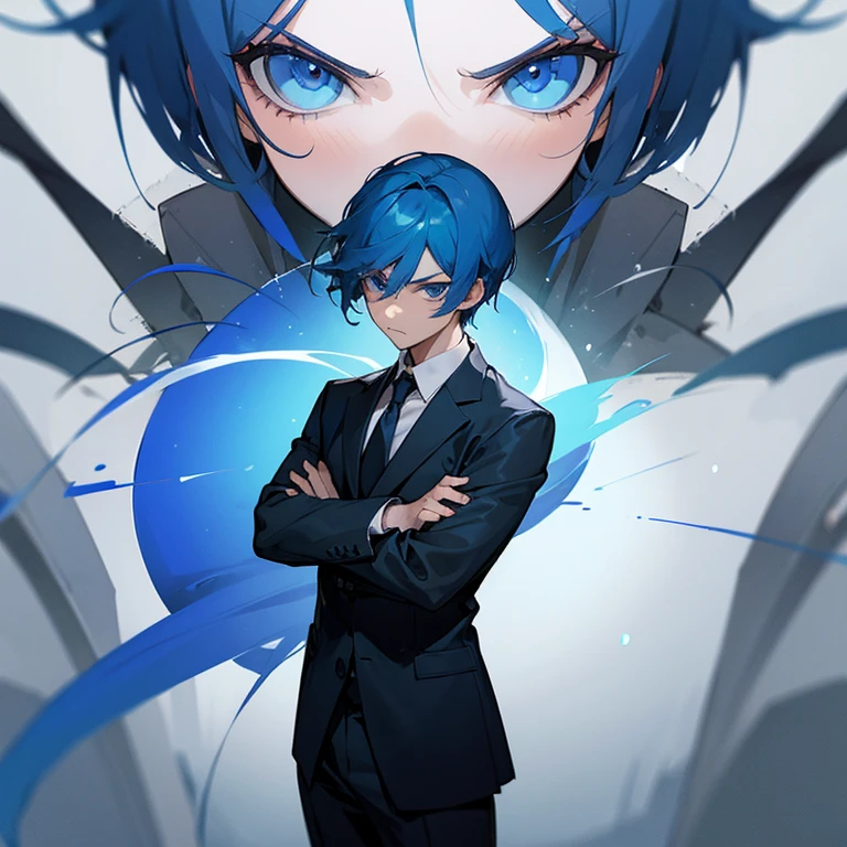 man, Blue hair, Serious face., blue eyes, put on a suit