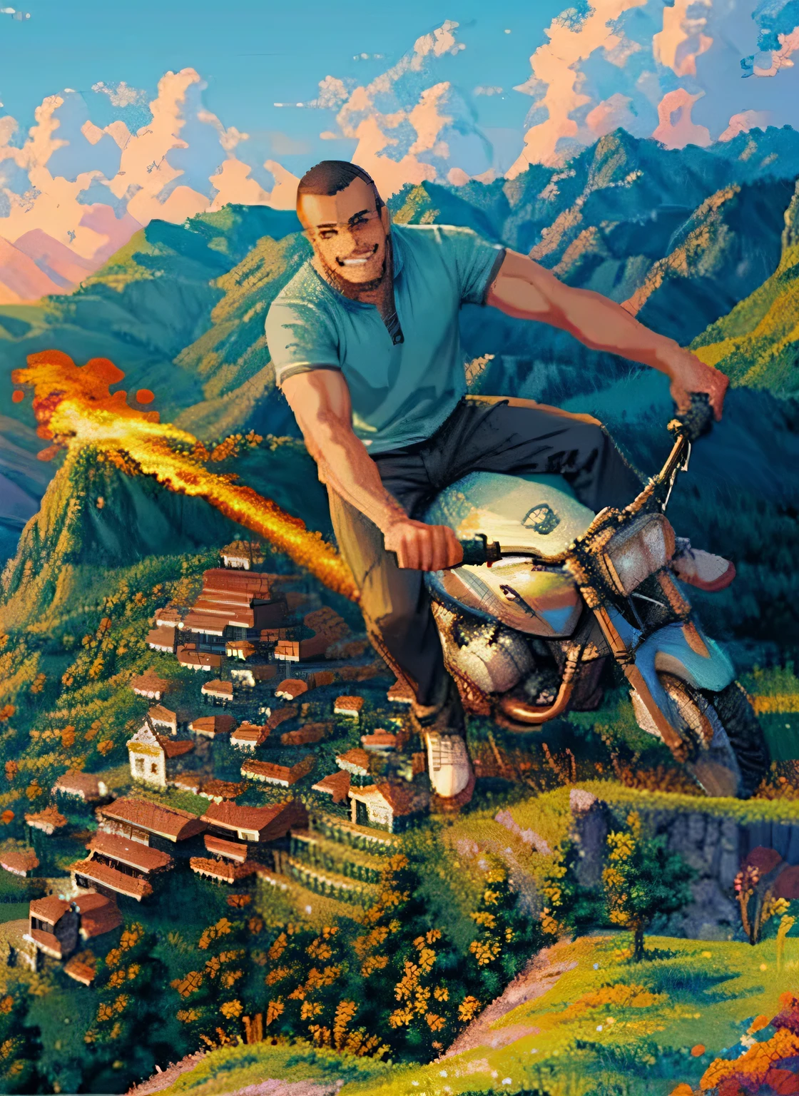 a man, smile, motorcycle, fire, ((in the style of pixel art)), pixel, 4 bits pixel art, pixel official art, ultra detailed pixel art, pixel art