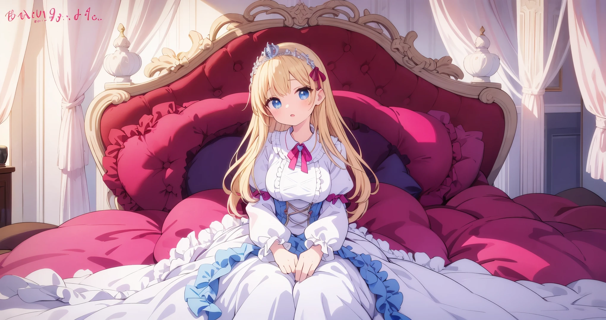 ,highest quality, masterpiece, highest resolution, artwork, super それにget used to it, many get used to it, get used to it, それにget used to it, 3K ultra-high resolution realistic photos,,(( When I was 10 years old)),Super detailed baby face,She is a princess,Full length ball gown dress with hoop skirt,ruffle yoke collar,puff sleeves,long sleeve,((lolita style hot pink princess satin dress、Comes with lots of frills and ribbons。)),colorful rococo fashion,shiny satin dress,Soft and smooth fabric,luxury,long blonde hair,blue eyes,white skin european,pajamas,((inside the palace)),,,(( When I was 10 years old)),Super detailed baby face,Full length ball gown dress with hoop skirt,long skirt,ruffle yoke collar,puff sleeves,腰まで伸びるlong blonde hair,blue eyes,white skin european,pajamas,((inside the palace bedroom)),ピンクのシルクサテンのluxuryなcanopy bedの上,canopy bed,luxurious curtains under the canopy,many frilly pillows on the bed,super detailed background,detailed bed,silk satin bed sheets,soft silk satin comforter,Soft silk satin ruffled pillow in pastel colors,little princess is sitting on the bed,large ball gown dresses that completely cover the legs,legs are hidden in the dress,Don'put your legs out to the side,Beautiful girl illustration,Beautiful detailed face Detailed hair,detailed human eye ,detailed mouth, arm details,fine hands,Detailed pillow,Frilly pillows piled up behind the girl,