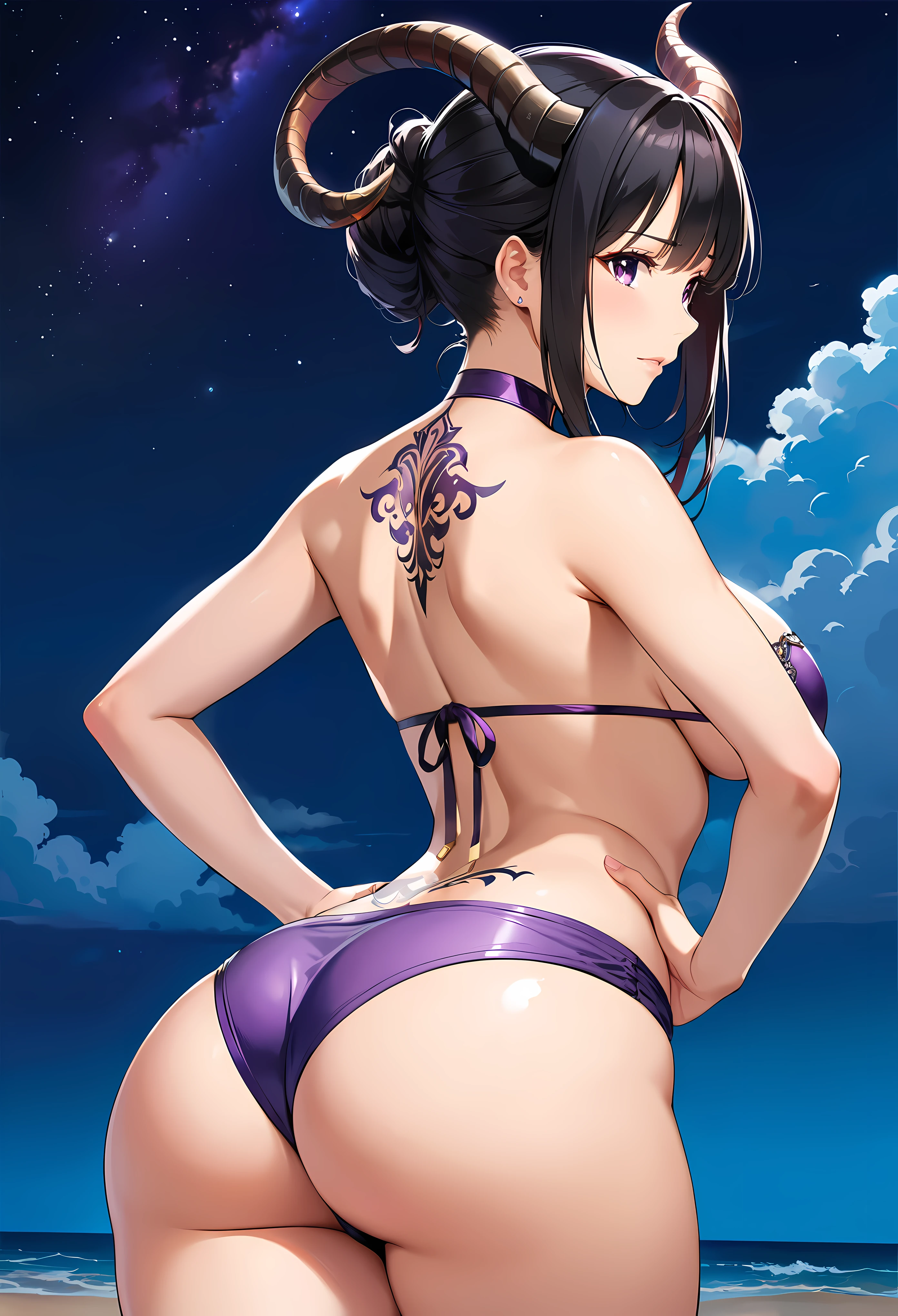 (masutepiece, Best Quality, High resolution:1.3), solo, alone, (milf), (cowboy shot), Description Girls, detail hands, Detail fingers, Detail Face, cute face, detail legs, overdetailed art, Fine details, (large breasts, wide hips, sexy:1.2), (black hair), hair bun, hair ornament, (micro_bikini),(purple bikini) ,(shorts dress),(purple eyes), , bare shoulders, jewelry, collarbone, detached sleeves, choker, skimpy, twisted horns, (black horns:1.2),(Horns on the sides of the head), (Tattoo:1.2), (crying mole), (night ) ,(night sky), (beach), (from behind, ass),(anime)