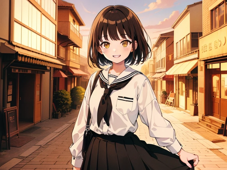 ((((very smiling)))),(((Long shot, taken from the front, 1 girl, white , black skirt, short bob, brown hair, golden eyes, , short height, city girl))), ((On the way home from school)), ((Uniform)), (Masterpiece), (High resolution), (Top quality), (Super delicate), ((Line drawing manga style)), Wallpaper, Manga style illustration, Painting style, heartwarming synopsis, ((youth)), (((student))), (unique atmosphere), unique world view, unique atmosphere, school life, youth town, (masterpiece), (high resolution), (highest quality), (super delicate), line drawing manga style, comic style illustration, how to draw, warm outline color, (clear), (obvious)