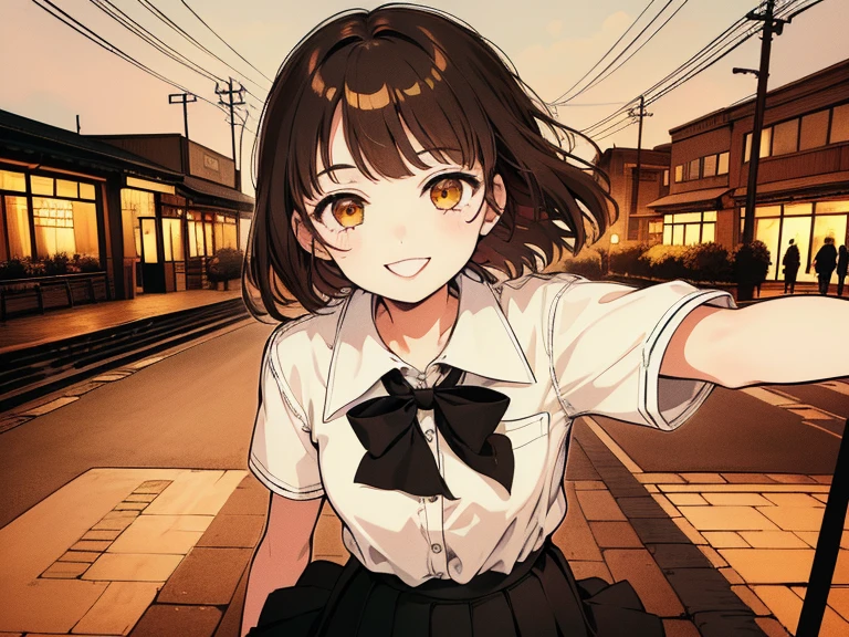 ((((very smiling)))),(((Long shot, taken from the front, 1 girl, white , black skirt, short bob, brown hair, golden eyes, 14 years old, short height, city girl))), ((On the way home from school)), ((Uniform)), (Masterpiece), (High resolution), (Top quality), (Super delicate), ((Line drawing manga style)), Wallpaper, Manga style illustration, Painting style, heartwarming synopsis, ((youth)), (((student))), (unique atmosphere), unique world view, unique atmosphere, school life, youth town, (masterpiece), (high resolution), (highest quality), (super delicate), line drawing manga style, comic style illustration, how to draw, warm outline color, (clear), (obvious)