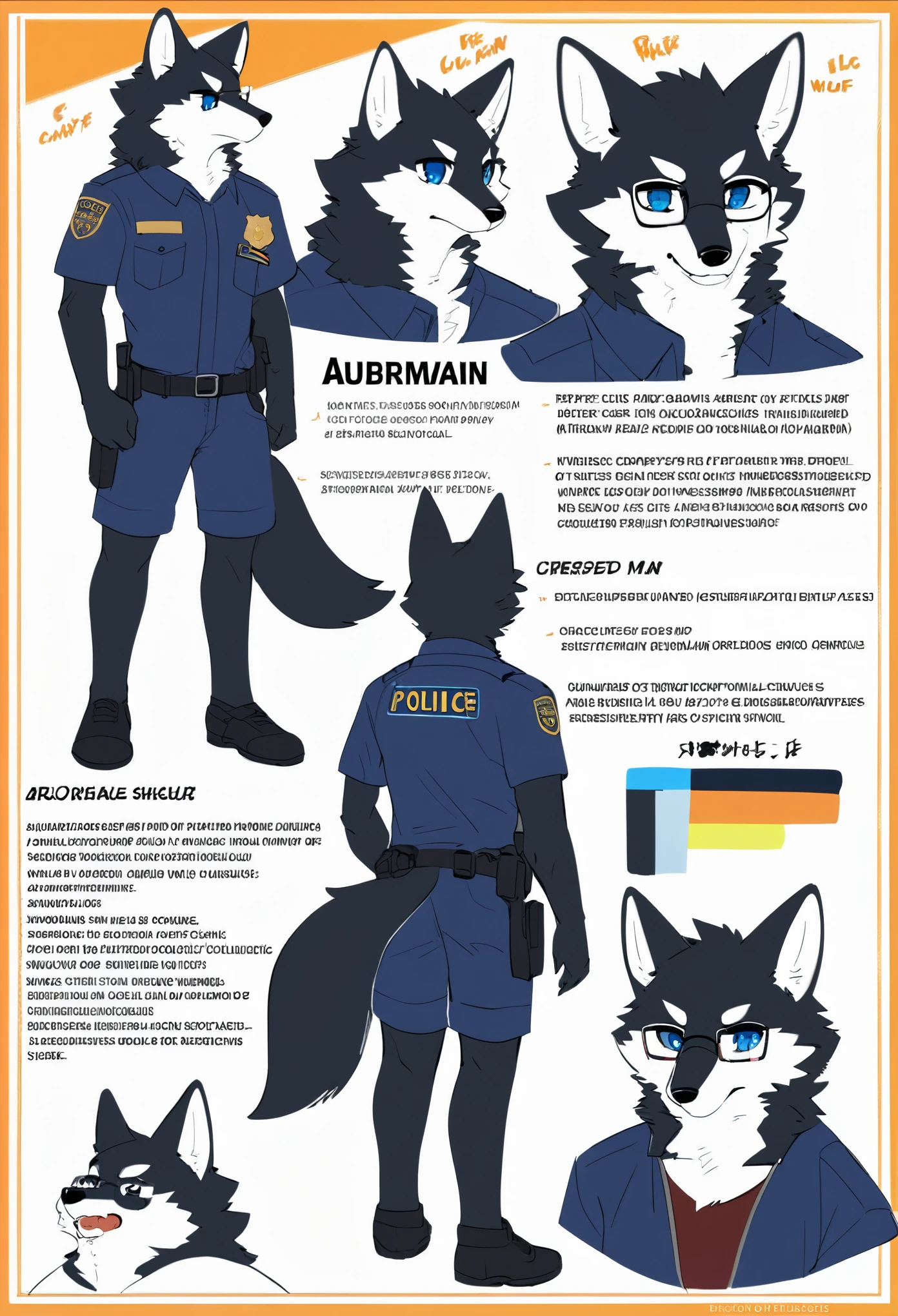 highres, top quality, best quality, paid reward available, High-quality illustrations, unparalleled masterpiece, perfect artwork, absurdres, perfect anatomy, standing kemono boy, three view drawing, front and side and back, character sheet, character design police man!!, anime character, glasses, facial expressions, Detailed description of character, text, Transform wolf, Collection of setting materials,