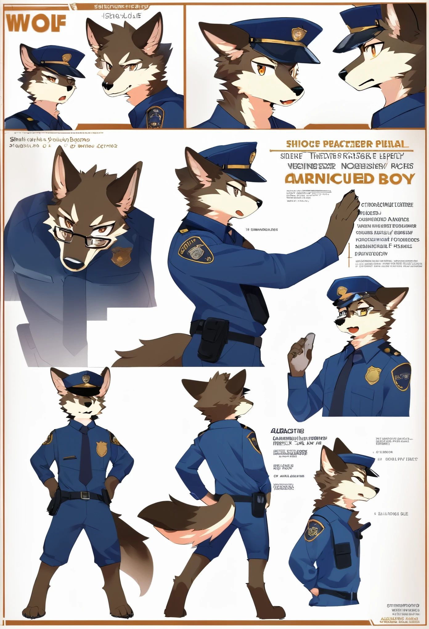 highres, top quality, best quality, paid reward available, High-quality illustrations, unparalleled masterpiece, perfect artwork, absurdres, perfect anatomy, standing kemono boy, three view drawing, front and side and back, character sheet, character design police man!!, anime character, glasses, facial expressions, Detailed description of character, text, Transform wolf, Collection of setting materials,