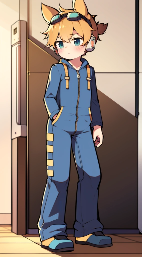 2D boy Shota,jumpsuit,Slim, healthy body,Put the headphones on your head,stand up,goggles,rabbit ears,Pull down the zipper