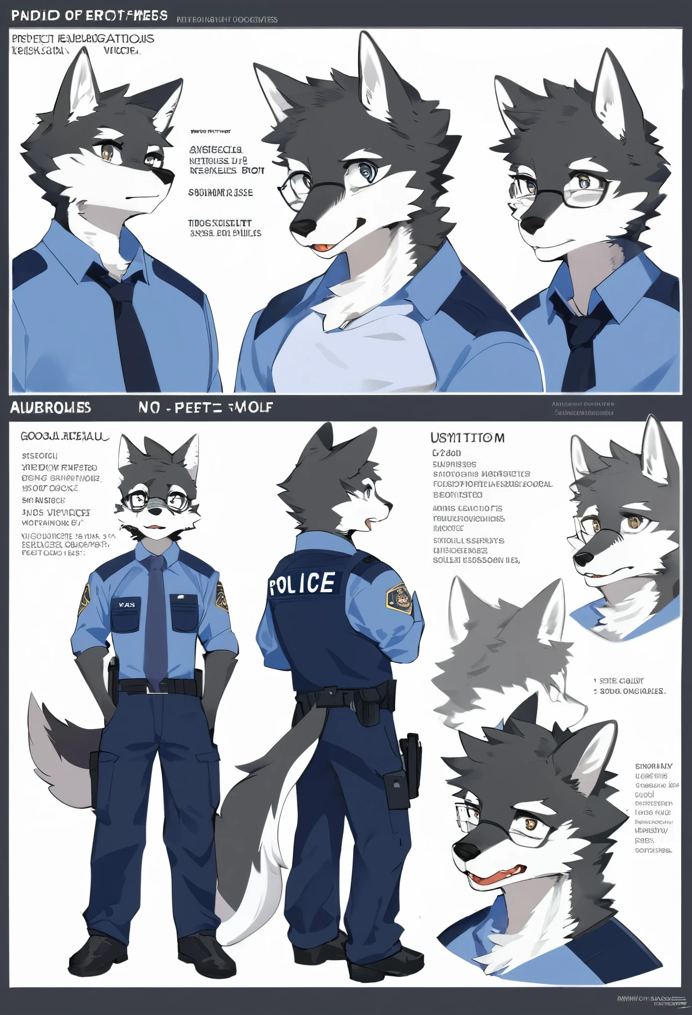 highres, top quality, best quality, paid reward available, High-quality illustrations, unparalleled masterpiece, perfect artwork, absurdres, perfect anatomy, standing kemono boy, three view drawing, front and side and back, character sheet, character design police man!!, anime character, glasses, facial expressions, Detailed description of character, text, Transform wolf, Collection of setting materials,