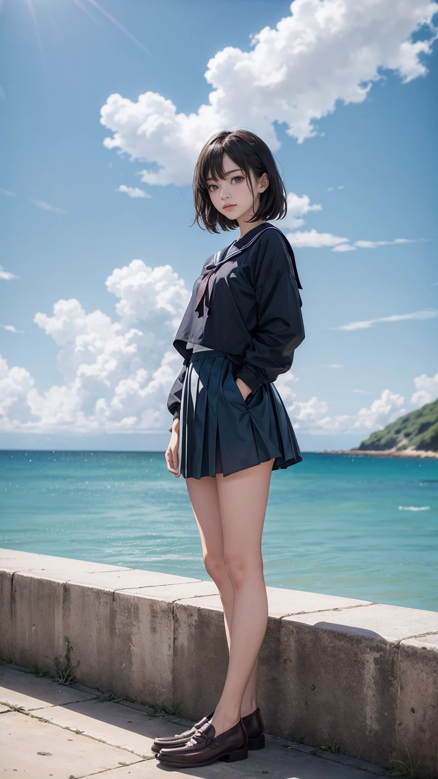 ((最high quality, 8K, masterpiece: 1.3, Ultra HD, high quality, 最high quality, High resolution, realism)) 、An extremely beautiful 18-year-old Japanese woman、hair color is black、black eye、medium hair、straight hair、smile、Slender but well-proportioned muscular body、Athlete-like body type、I don't want my head to disappear from the screen.、sit on a high breakwater on the beach、The blue sky is beautiful、There is an entrance cloud、It's summer、I'm wearing a sailor suit、Wear a navy blue pleated skirt、wear loafers、There is a road in front of the breakwater、There is a sign indicating the bus stop.、The sea is beautiful、The horizon looks beautiful、An island can be seen off the coast